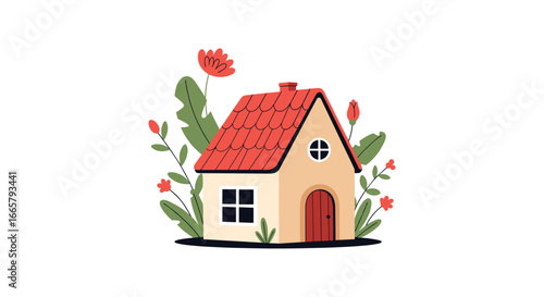 Charming cottage with vibrant garden accents and cozy architectural features welcoming home atmosphere
