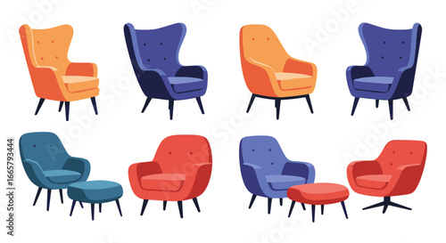 Collection of mid century modern armchairs and accent chairs with ottomans for living room furniture design ideas