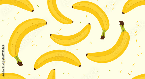 A vibrant collection of ripe yellow bananas scattered across a pale cream background with speckled accents