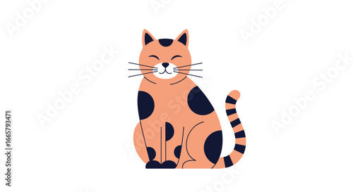 Cute orange tabby cat with dark spots sitting and winking happily with closed eyes illustration