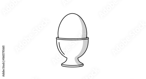 An artistic rendered illustration of a perfectly boiled egg standing proudly in a classic porcelain egg cup on a clean white background
