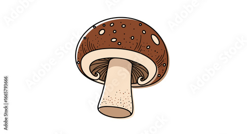 An illustrated cap and stem mushroom with gills on its underside captured in a simple drawing style