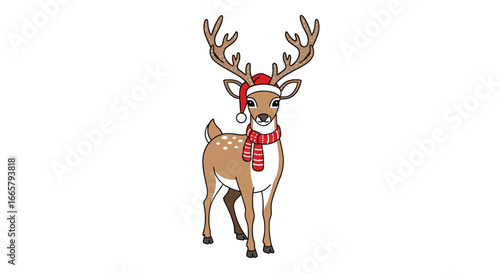 Festive christmas reindeer wearing santa hat and striped scarf celebrating winter holidays season