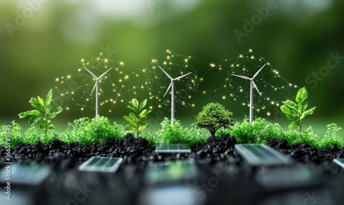 Conceptual image portraying the integration of green energy solutions, with symbols such as wind turbines, solar panels, and eco-friendly technologies representing sustainable power, Generative AI