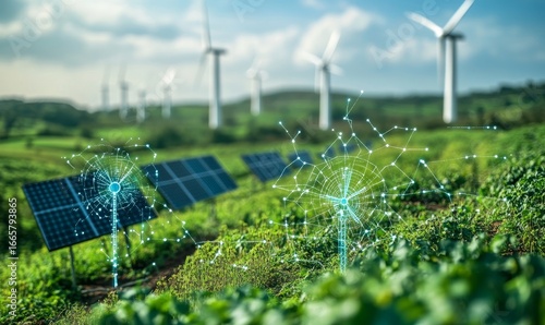 Conceptual image portraying the integration of green energy solutions, with symbols such as wind turbines, solar panels, and eco-friendly technologies representing sustainable power, Generative AI