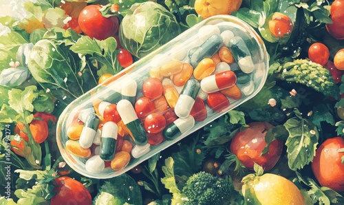 Illustration of clear capsule overflowing with essential multivitamins and dietary supplements, surrounded by an assortment of vibrant vegetables and fruits, symbolizing a health, Generative AI