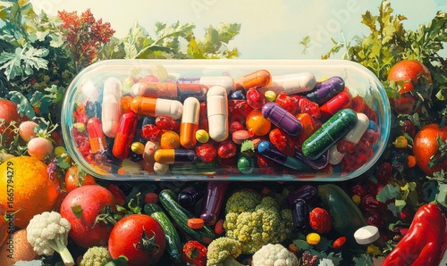 Illustration of clear capsule overflowing with essential multivitamins and dietary supplements, surrounded by an assortment of vibrant vegetables and fruits, symbolizing a health, Generative AI