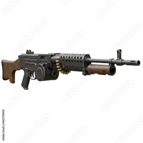 Isolated Photo Of A Metal Machine Gun With Brown Wooden Details And Black Accents