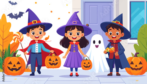 Kids dressed up in Halloween costumes with pumpkins, candy and a ghost, trick-or-treating