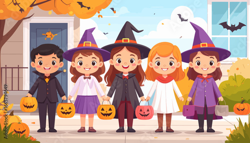 A group of happy children in Halloween costumes celebrating and trick-or-treating together in an autumn neighborhood