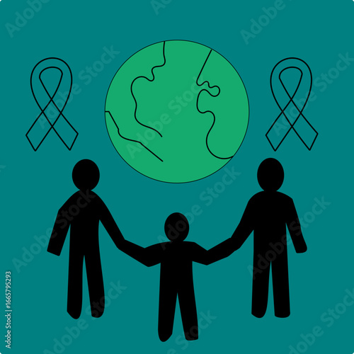 People Holding Hands Around Globe with Awareness Ribbon