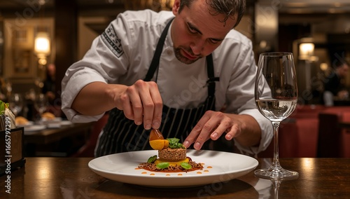 A chef meticulously decorates a gourmet dish with a delicate garnish in a sophisticated restaurant setting.