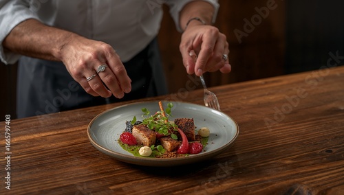 A chef's hands delicately place seasoning over a gourmet dish of plated roasted meat, garnished with fresh herbs, raspberries, and a creamy sauce, set on a textured plate.
