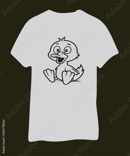 A simple black and white cartoon drawing of a happy, wide-eyed duckling sitting with its legs splayed out, printed on a white t-shirt.