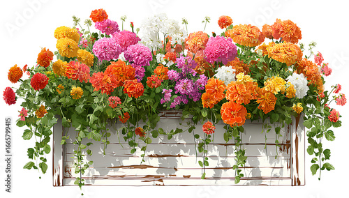  beautiful window box with colorful flowers isolated on a transparent background