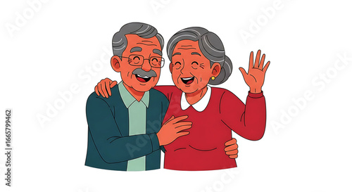 Happy Elderly Couple Embracing, Waving Hand, Cartoon Style Illustration