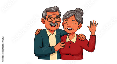 Cartoon Elderly Couple Embracing, Smiling, and Waving Hand