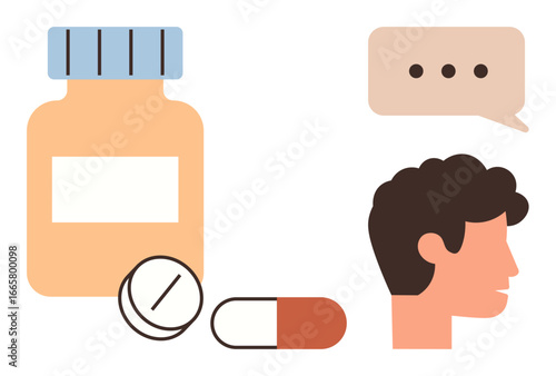Medication bottle, tablet, capsule, speech bubble, and profile of a person. Ideal for healthcare, communication, medicine pharmacy treatment consultation wellbeing. Simple flat metaphor