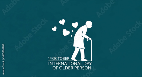 Elderly Person Walking with Cane and Hearts, Celebrating International Day