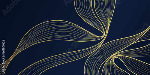 Abstract luxury wave line background pattern. Wavy gold ribbon on dark navy blue background with copy space. Hand drawn golden lines wave of sea, ocean ripple.