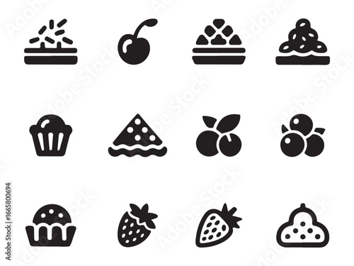 A collection of simple, black and white icons representing different desserts and fruits.