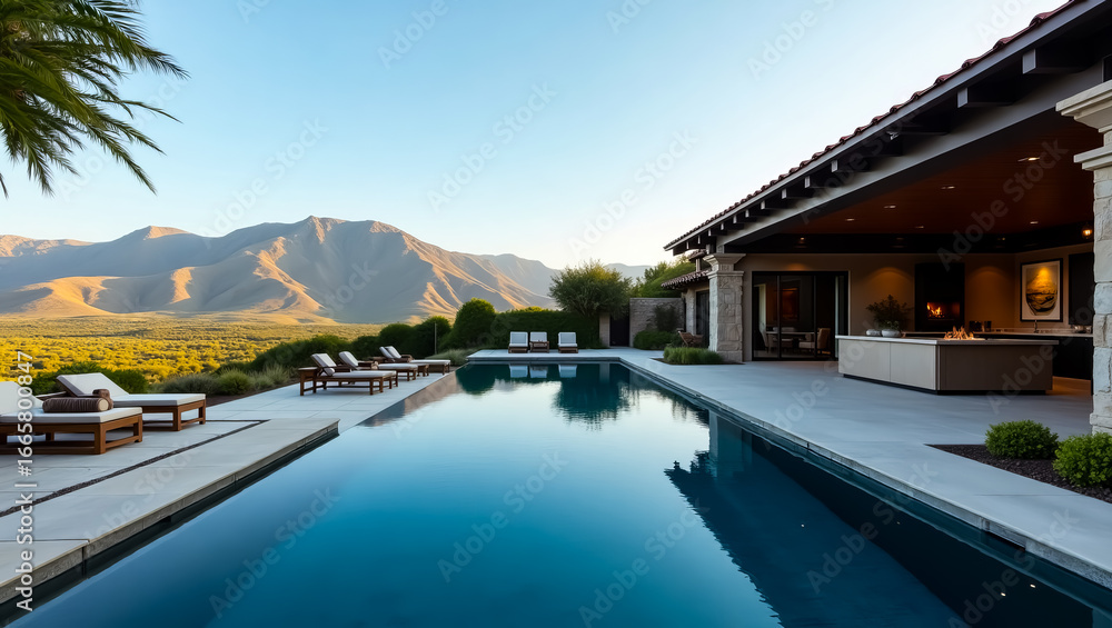 Obraz premium Panoramic view of a luxurious estate with a pristine swimming pool, comfortable lounge chairs and a backdrop of majestic mountains
