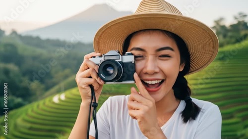 Capturing the Beauty of Terraced Rice Fields: A Young Woman's Travel Photography Adventure, a series of shots showing a young woman joyfully exploring a scenic landscape, her camera in hand ready to