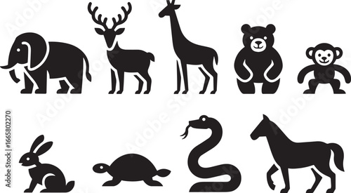 Animal Silhouette Vector Collection, Elephant, Deer, Giraffe, Bear, Monkey, Rabbit, Turtle, Snake, Horse