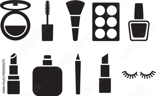 Makeup and Beauty Vector Icon Set, Solid Black Cosmetic Silhouettes