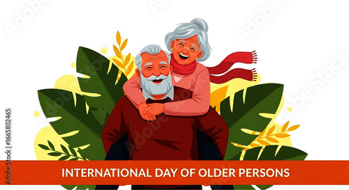 Happy Elderly Couple Piggyback Ride Illustration with Scarf and Glasses