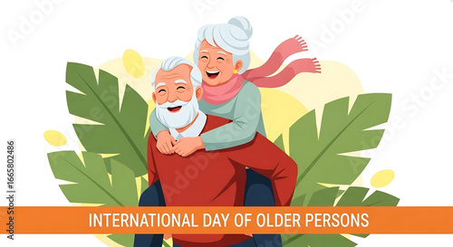 Happy Senior Couple Piggyback Ride Celebrating International Day of Older Persons