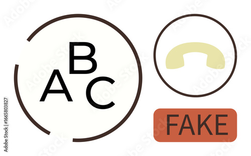Alphabet letters ABC, partial circle, retro phone handset, and fake label in flat design. Ideal for education, communication, media literacy, authenticity, awareness hoax prevention learning
