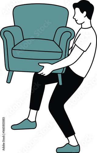 Man lifting modern armchair illustration, furniture moving concept, home relocation design, interior arrangement, ergonomic posture vector artwork, lifestyle graphic.