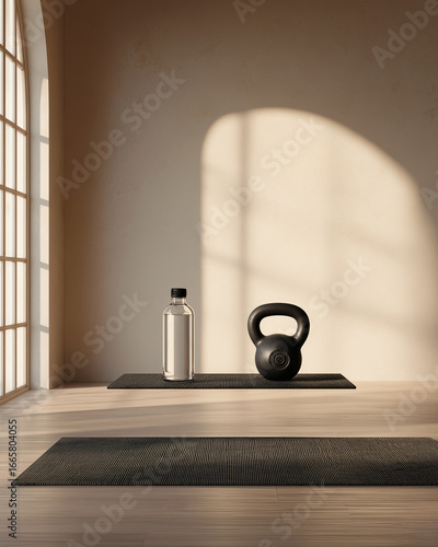 A kettlebell and clear water bottle rest on a mat in a sunlit, minimalist studio — a calm, modern fitness scene.