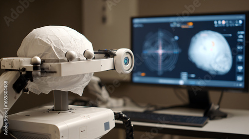Robotic neurostimulation rig with a fitted head cover positioned before a monitor displaying brain imaging in a clinical research lab.
