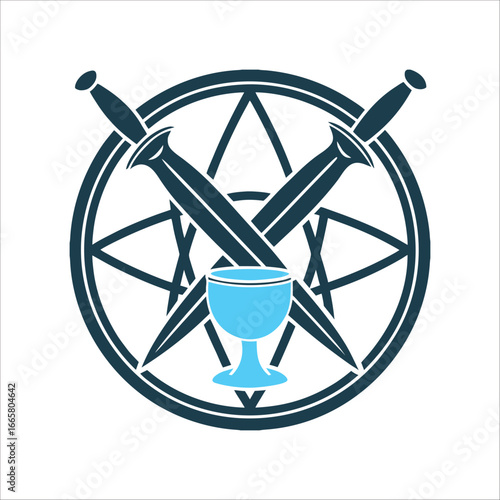 Wicca Symbol: Athame, Chalice, and Circle Gardnerian Wicca Crossed athame and chalice inside a circle sharp geometric lines invoking ritual duality