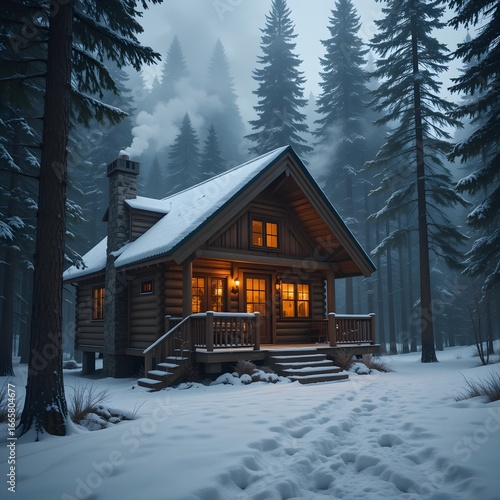 Charming Wooden Cabin in Snowy Pine Forest with Cozy Winter Ambiance