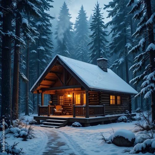 Charming Wooden Cabin in Snowy Pine Forest with Cozy Winter Ambiance