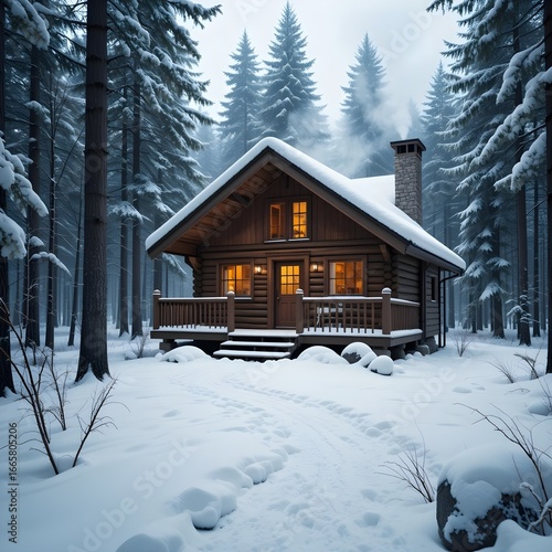 Charming Wooden Cabin in Snowy Pine Forest with Cozy Winter Ambiance