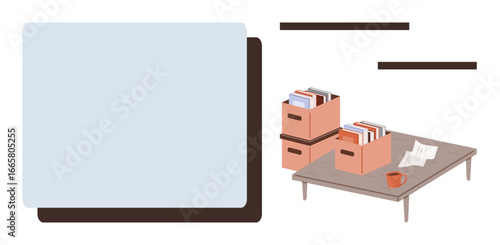 Stacked file boxes on desk, loose papers, coffee mug evoke productivity and organization. Ideal for office work, time management, minimalism, focus, study, planning simple flat metaphor