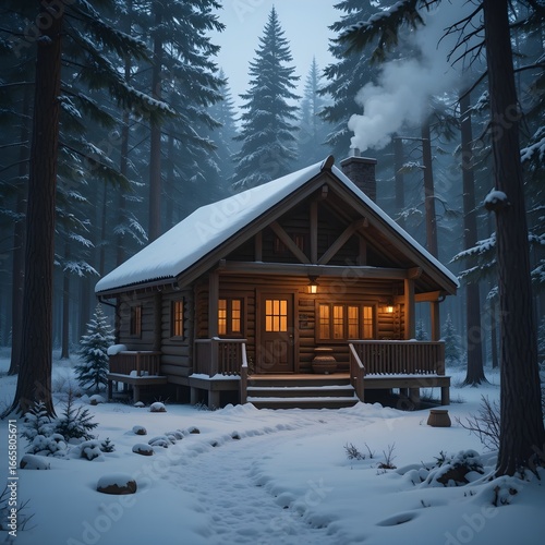 Charming Wooden Cabin in Snowy Pine Forest with Cozy Winter Ambiance