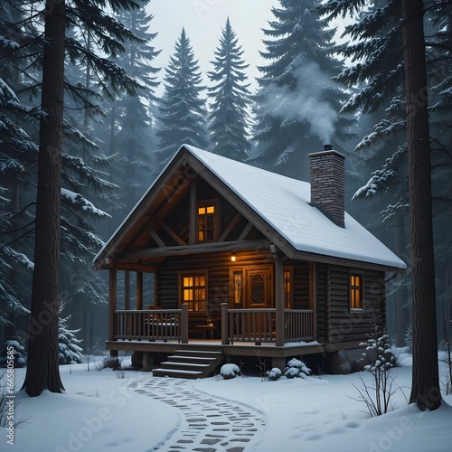 Charming Wooden Cabin in Snowy Pine Forest with Cozy Winter Ambiance