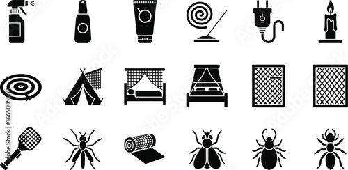 Collection of black icons representing camping and pest control equipment