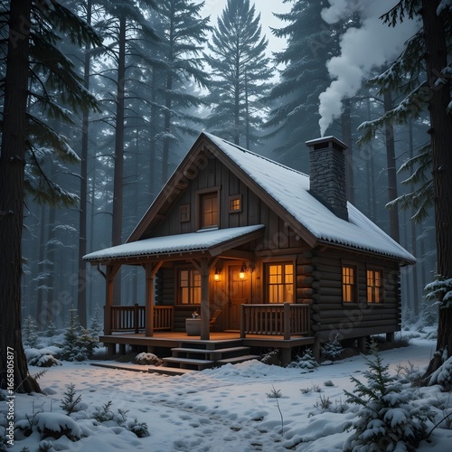Charming Wooden Cabin in Snowy Pine Forest with Cozy Winter Ambiance