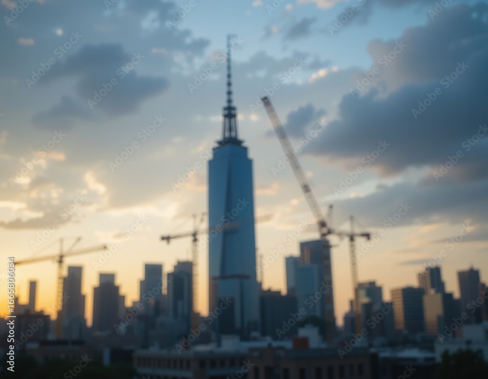 Fototapeta premium New York City Skyline at Sunset with Construction Cranes: A Blurred Urban Panorama