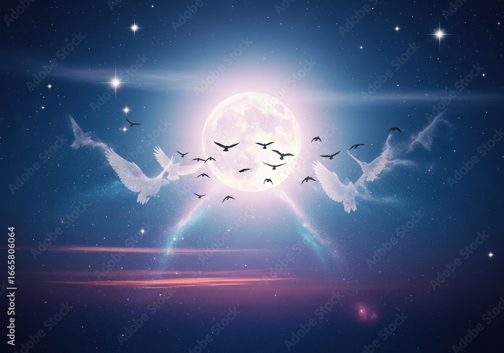 Naklejka premium Dreamy moonlit night with soaring birds, creating a magical, inspirational atmosphere of hope and freedom