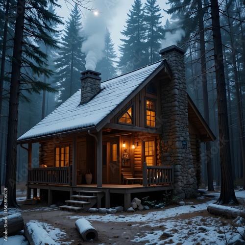 Charming Wooden Cabin in Snowy Pine Forest with Cozy Winter Ambiance
