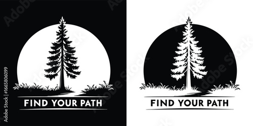 Find your path a silhouette of a person walking towards a lone pine tree against a large circular sun or moon, symbolizing a personal journey