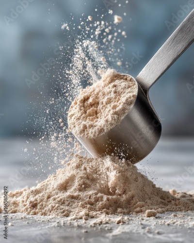 Scoop fills with protein powder spilling onto pile in a close up shot for nutrition use