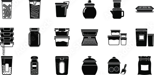 Collection of various food storage containers, including jars, boxes, and plastic containers for kitchen organization